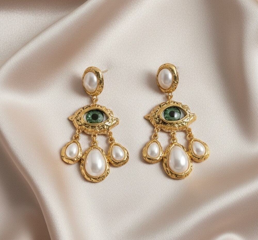 Goddess Baroque Pearl Zara Evil Eye Earrings Surrealistic Gold VTG Boho